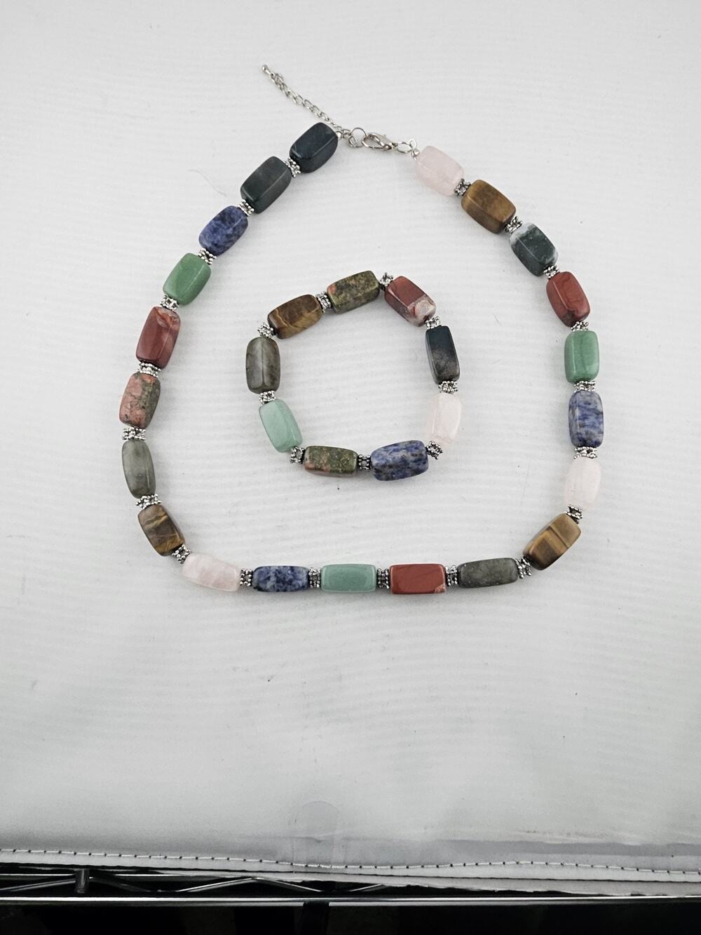 Vintage 18" Colorful Quartz Natural Stone Crystal Necklace & Bracelet Set